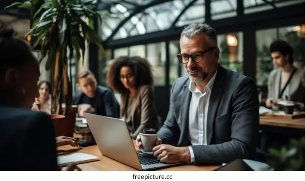 Businessman working on laptop in a cafe surrounded by colleagues