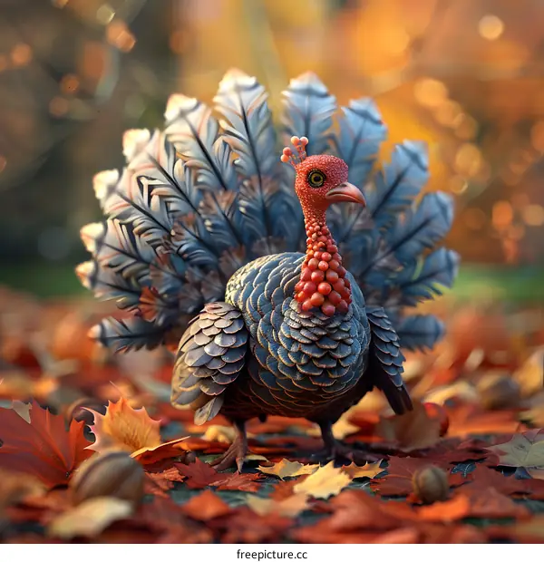 A majestic turkey stands in a field of fallen leaves.