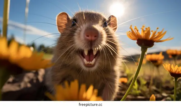 Close-up of a rat in a field of yellow flowers