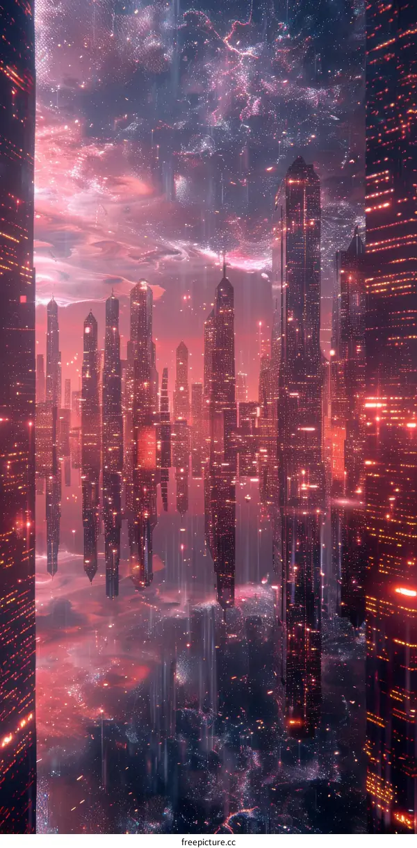 City of the Future with Glowing Buildings and Reflections on the Water