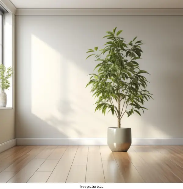 Sunlight shining through a window onto a potted plant in an empty room