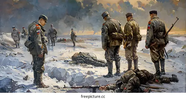 Soviet soldiers at the body of a fallen comrade