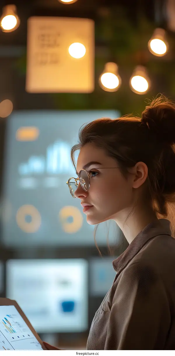 Young Woman Wearing Glasses Looking At A Tablet Screen With Data On It