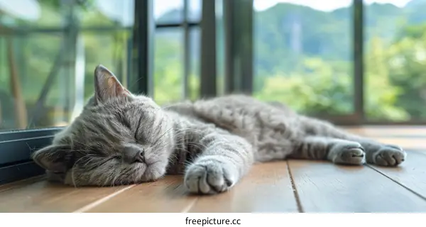 A gray cat is sleeping on the wooden floor in the house