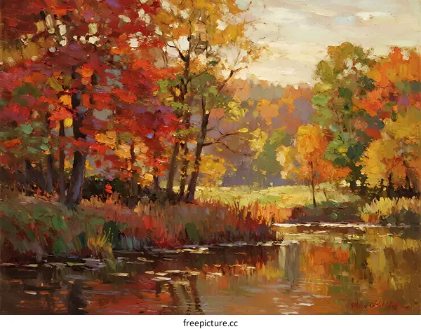 Autumn Landscape with Colorful Trees Reflecting on a Calm River