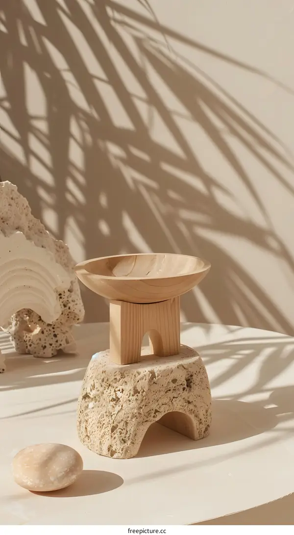 Minimalist Wooden Bowl on Stone Base with Palm Shadow