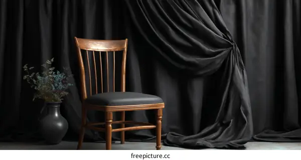 Dark Draped Room Interior with Wooden Chair