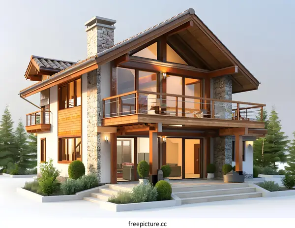 Modern Wooden House with Stone Facade and Large Windows