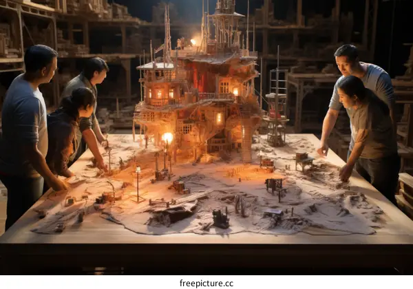 People gathered around a large wooden model of a city