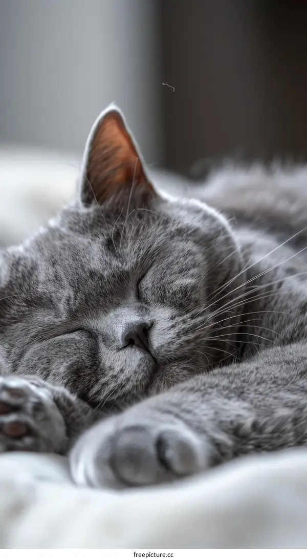 A gray cat is sleeping soundly on a white blanket.