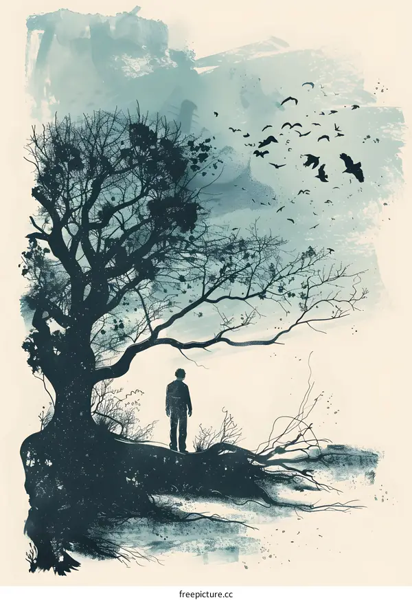 Silhouette of a Man Standing Under a Tree with Birds Flying Away