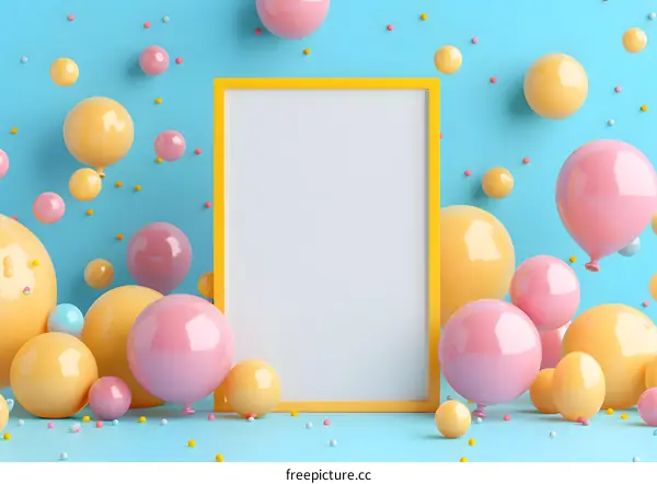 Yellow and Pink Balloons with White Frame on Blue Background