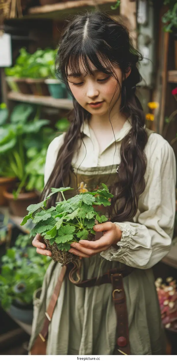 An East Asian teenage girl holding a potted plant in a greenhouse