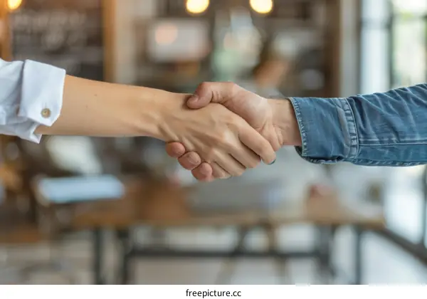 Two People Shaking Hands in Cafe