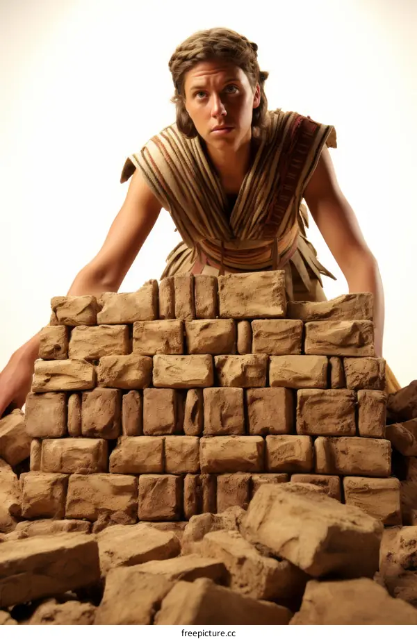 Woman in Ancient Greek Attire Building a Brick Wall