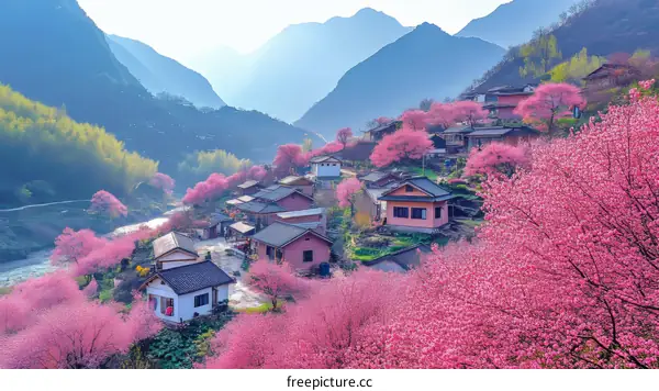 Beautiful Cherry Blossoms Over a Mountain Village
