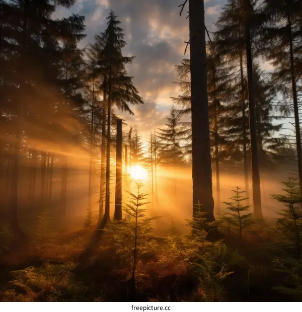 Golden Rays of Sunlight Shining Through Tall and Majestic Trees in a Misty Forest