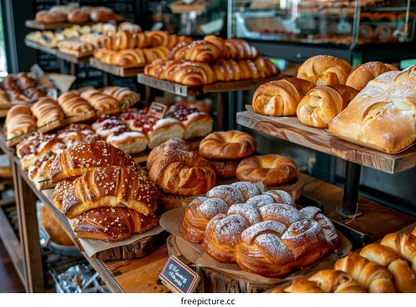 Freshly baked pastries and bread on wooden shelves in a bakery