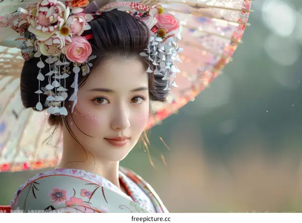 Portrait of a beautiful Japanese woman in traditional kimono