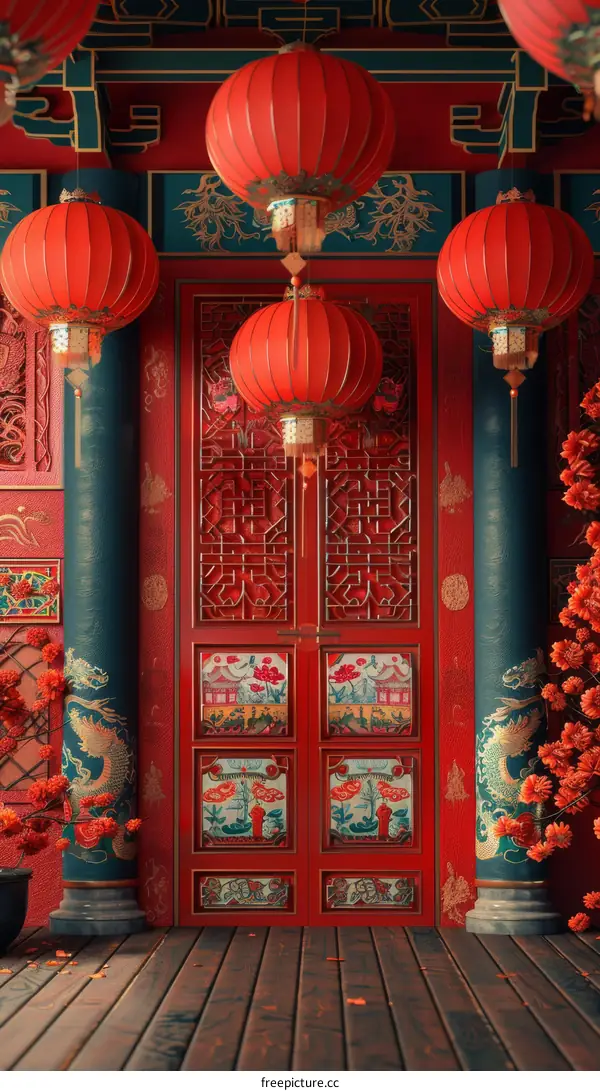 Red Chinese New Year Doorway Decorated with Red Lanterns and Peach Blossoms