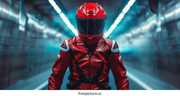 A motorcyclist in a red leather suit and helmet poses in a tunnel