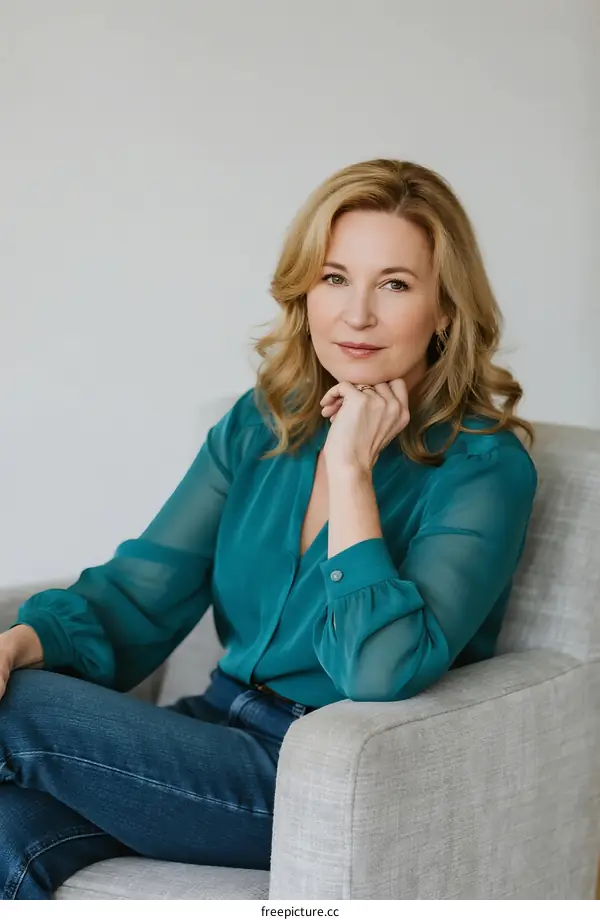 Portrait of elegant woman sitting on modern chair in bright room