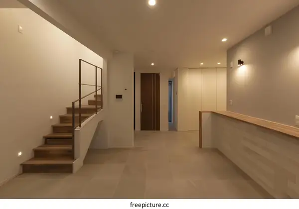 Modern Interior Design with Wooden Stairs and Light Fixtures