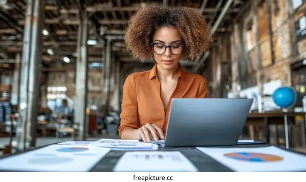 Focused Black Woman Working on Laptop in Industrial Loft