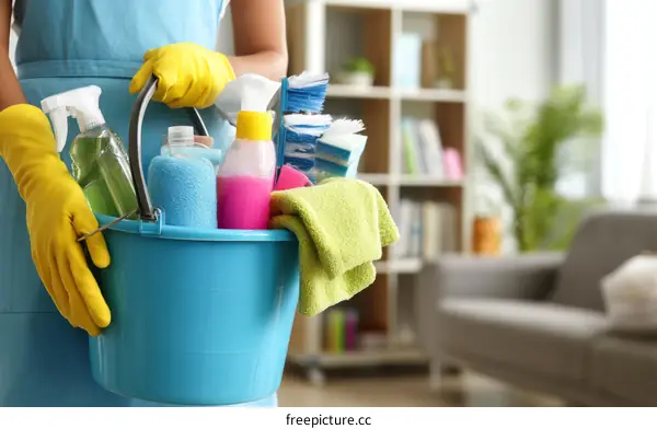 Cleaning Supplies in a Bucket Held by a Person