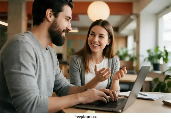 Two Colleagues Discussing Project on Laptop in Office