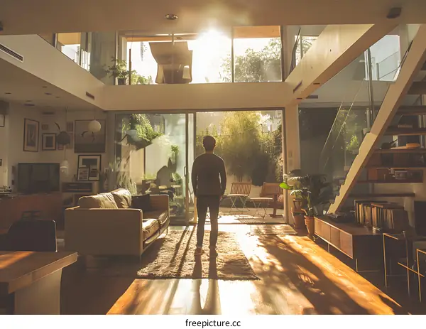 Man standing in a modern living room looking out at the city