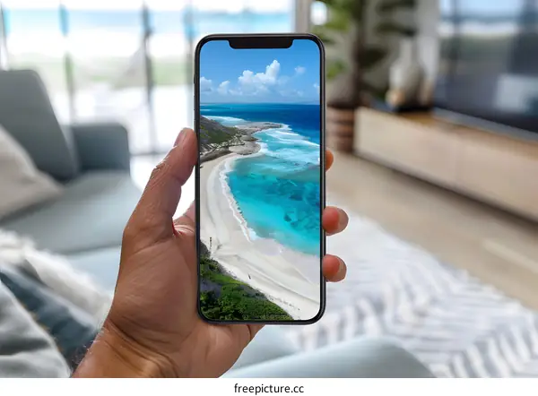 Hand Holding Smartphone Showing Beach Scene