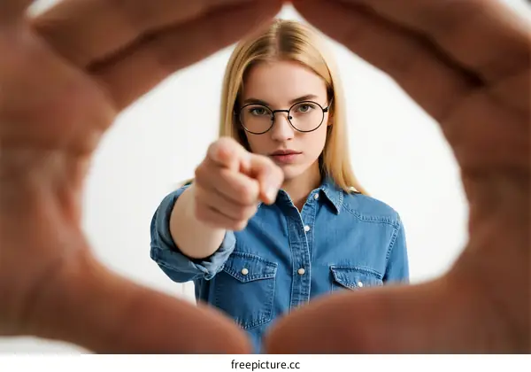 Woman pointing finger through hand frame with focused expression