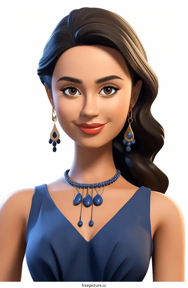 An illustration of a young woman with brown hair and brown eyes. She is wearing a blue dress and a necklace.