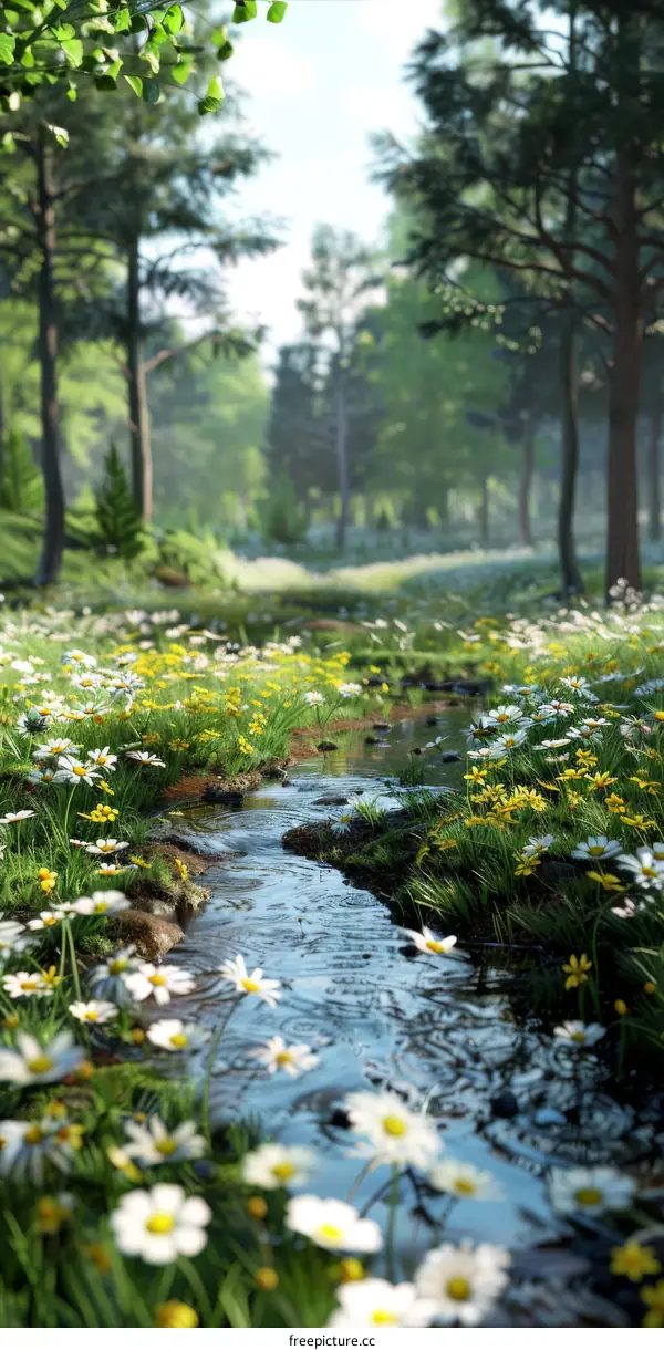 Small river flowing through a beautiful green field with white and yellow flowers and tall trees in the background