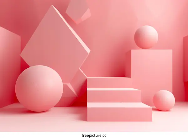 Pink Geometric Shapes Composition with Podium and Spheres