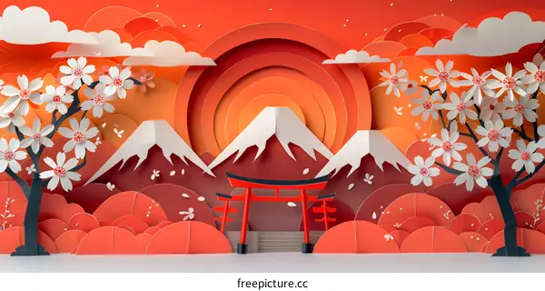 Paper cut landscape with Mount Fuji and Torii Gate