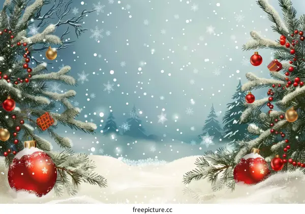 Christmas Snow Scene Illustration with Festive Decorations