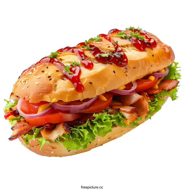 [Transparent Background PNG]A delicious sandwich with ham, tomato, onion, lettuce, and cheese