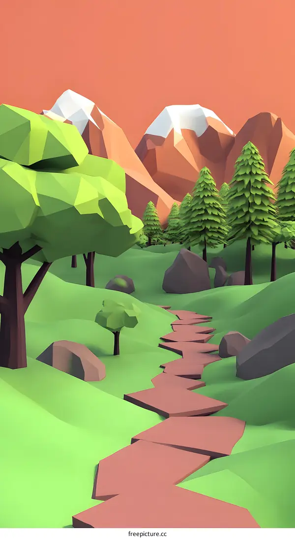 Low Poly Mountain Landscape with Winding Path