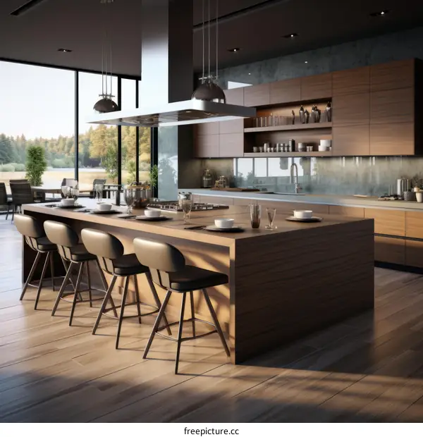 Modern Kitchen with Wood Cabinets and Large Island