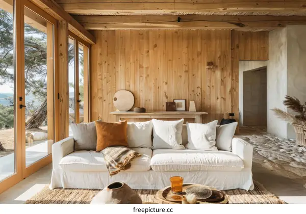 Modern rustic living room with wood walls and white sofa