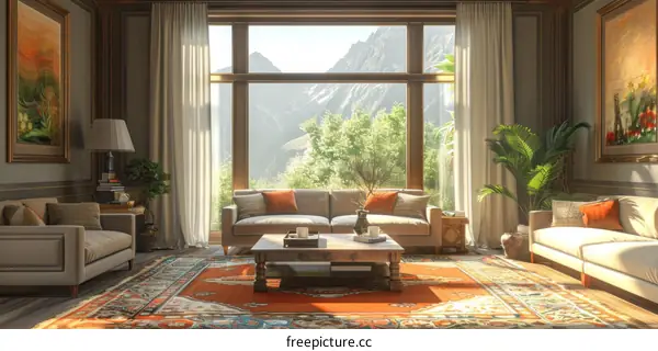 Modern Living Room with Mountain View and Large Windows