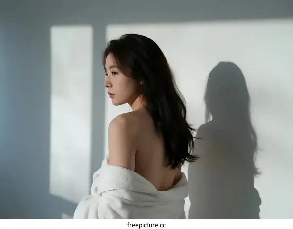 A young woman with long black hair standing in a bright room