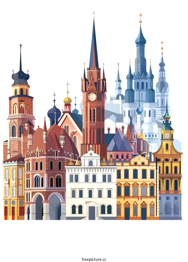 European Cityscape with Tall Buildings and Churches