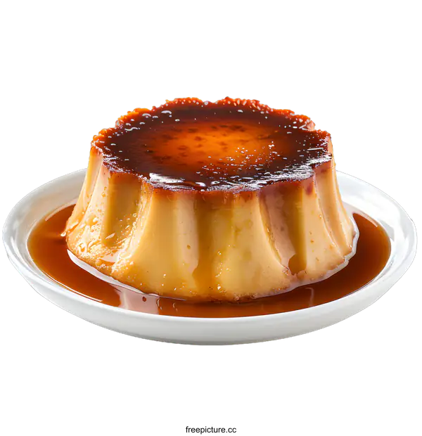 [Transparent Background PNG]Creamy Flan Dessert on White Plate