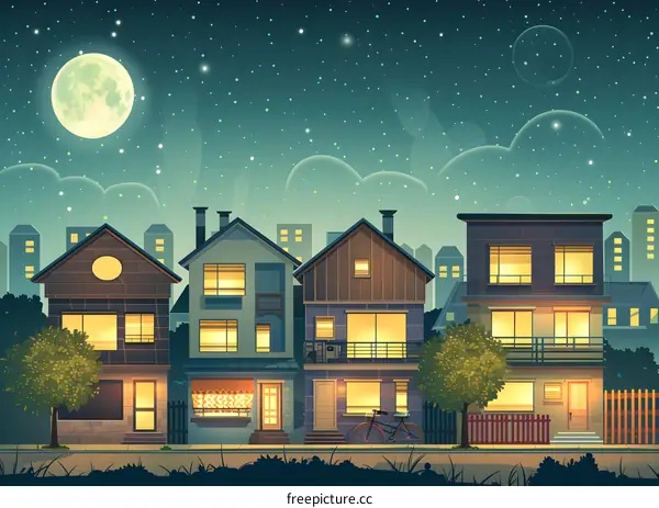 Nighttime Cityscape with Moon and Stars