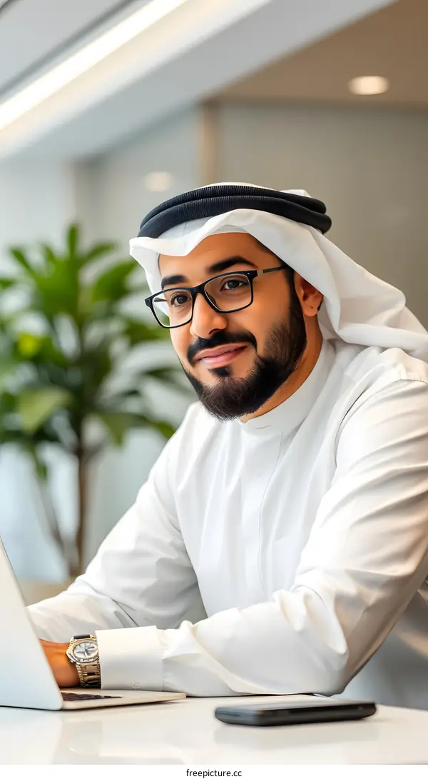 Arab Businessman Using Laptop in Modern Office