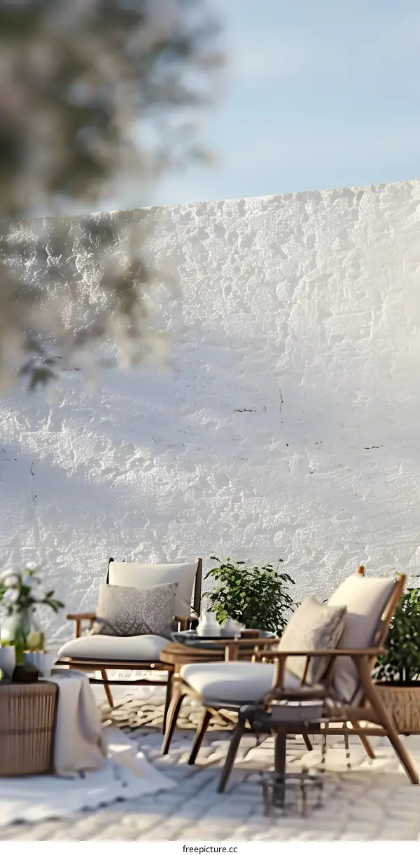 Relaxing Outdoor Patio With Wooden Chairs and White Wall