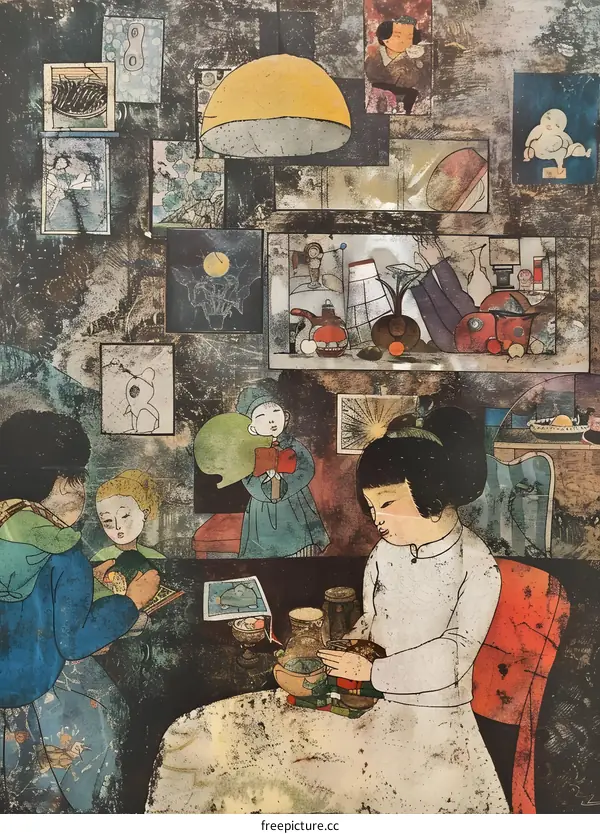 A Collage of Artful Scenes Featuring Children in a Domestic Setting